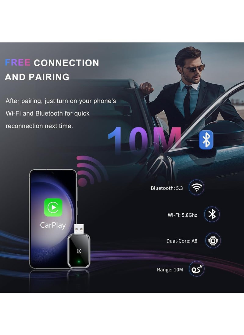 Wireless CarPlay Adapter for iPhone, Convert Wired to Wireless Apple CarPlay Adapter, Mini Size with Extension Cable USB & USB-C/Type-C, Stable Control & No Delay