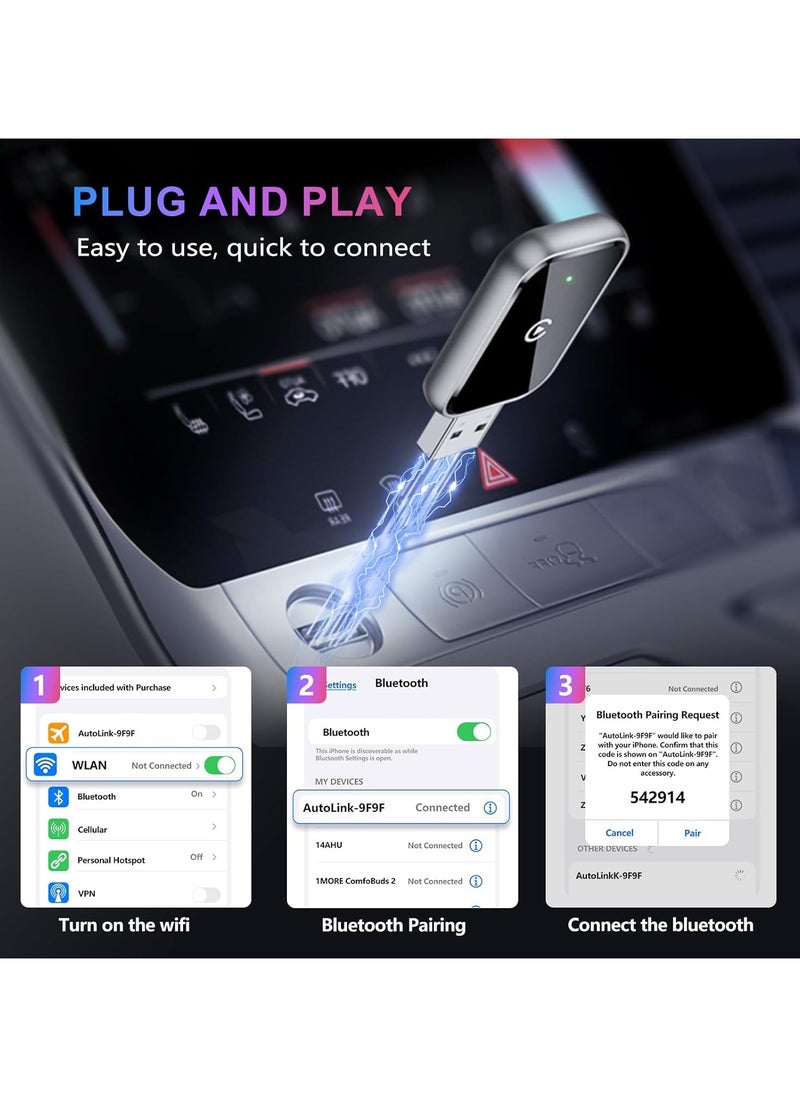 Wireless CarPlay Adapter for iPhone, Convert Wired to Wireless Apple CarPlay Adapter, Mini Size with Extension Cable USB & USB-C/Type-C, Stable Control & No Delay