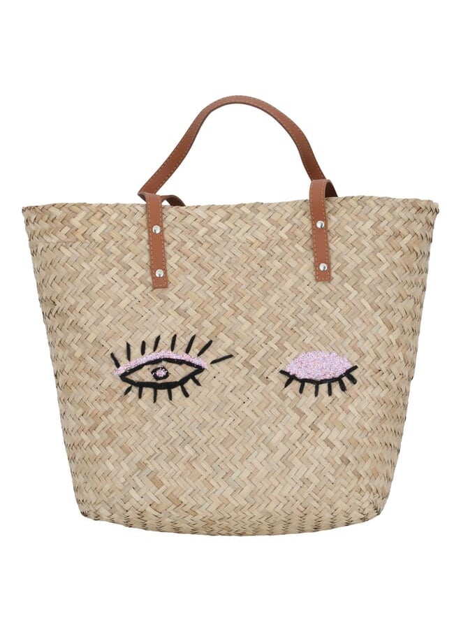 Alsaif Gallery Beige wicker bag with brown eye shape  - Image 1