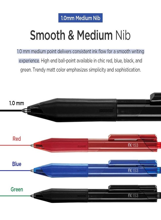 MONAMI FX 153, Retractable Ballpoint Pen, Medium Point (1.0mm), ISO-12757-2 Type Refill, Smudge-Free, Ultra Smooth F5 Ink, Red, 12-Count - Image 3