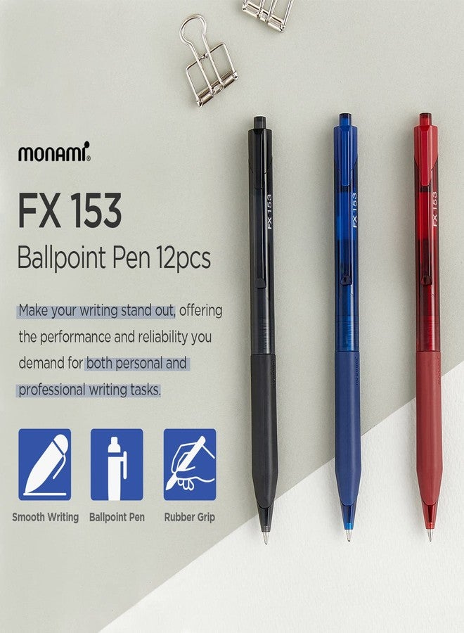 MONAMI FX 153, Retractable Ballpoint Pen, Medium Point (1.0mm), ISO-12757-2 Type Refill, Smudge-Free, Ultra Smooth F5 Ink, Red, 12-Count - Image 2