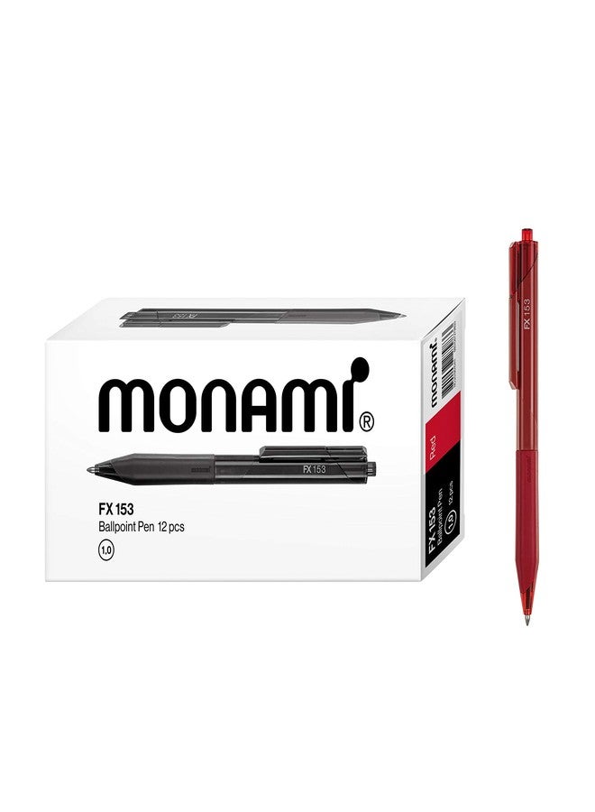 MONAMI FX 153, Retractable Ballpoint Pen, Medium Point (1.0mm), ISO-12757-2 Type Refill, Smudge-Free, Ultra Smooth F5 Ink, Red, 12-Count - Image 1