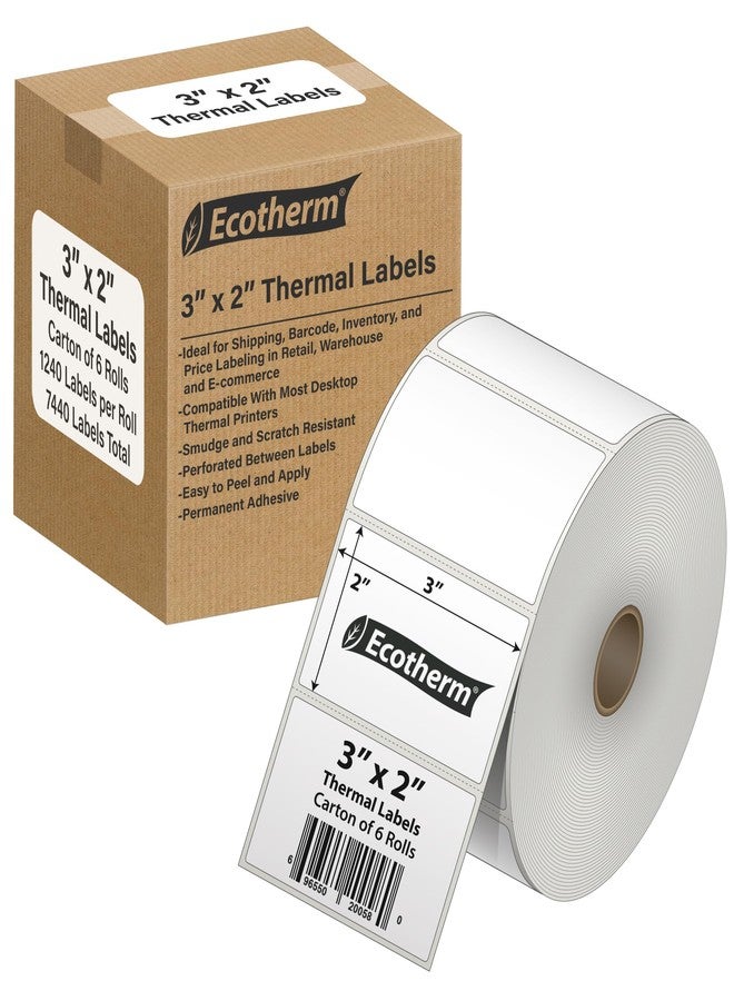 Ecotherm ملصقات حرارية 3 بوصات × 2 بوصة | 6 لفات | 7440 ملصقًا | متوافقة مع طابعات الملصقات الحرارية من زيبرا، مونبين، رولو، جودكس، أركسكان، آي دي بي آر تي، أوفنوفا وغيرها | ملصقات لاصقة بيضاء فارغة من إيكوثيرم - Image 1