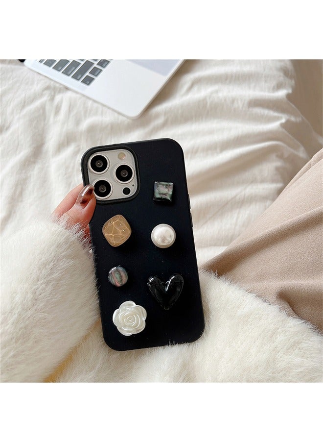 Phone Case For iPhone15 Pro Max,Very stylish creative design,pure handcrafted,3D Camellia/gems/Pearl the Phone Case for Women Black - Image 2