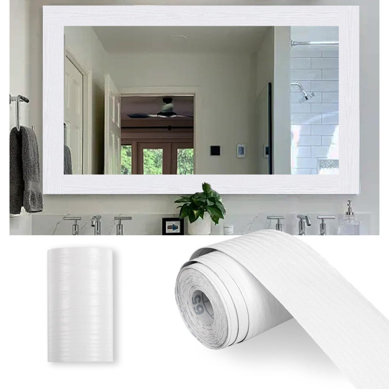 Alened 10M White Wood Grain Mirror Frame Border Peel and Stick Wallpaper Removable PVC Waterproof Bathroom Mirror Tape Sticker Trim Kitchen Wallpaper Self Adhesive Decor Sticker 2 x 393