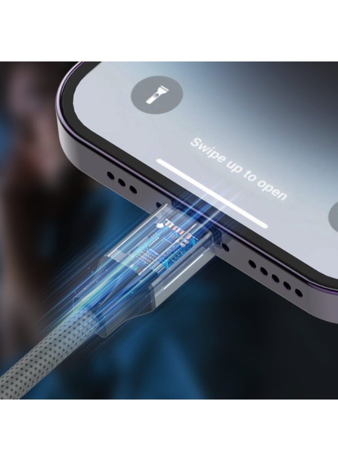 لدنيو كابل شحن سريع USB-C إلى Lightning بقوة 30 واط، بطول 2 متر، يدعم تقنيتي PD وQC لنقل البيانات ومزامنة البيانات، متوافق مع أجهزة iPhone وiPad وAirPods وأجهزة Apple، يتميز بتصميم موصل متين ومعزز. - Image 3