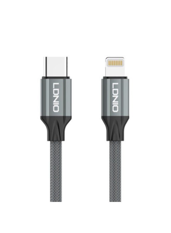 لدنيو كابل شحن سريع USB-C إلى Lightning بقوة 30 واط، بطول 2 متر، يدعم تقنيتي PD وQC لنقل البيانات ومزامنة البيانات، متوافق مع أجهزة iPhone وiPad وAirPods وأجهزة Apple، يتميز بتصميم موصل متين ومعزز. - Image 1