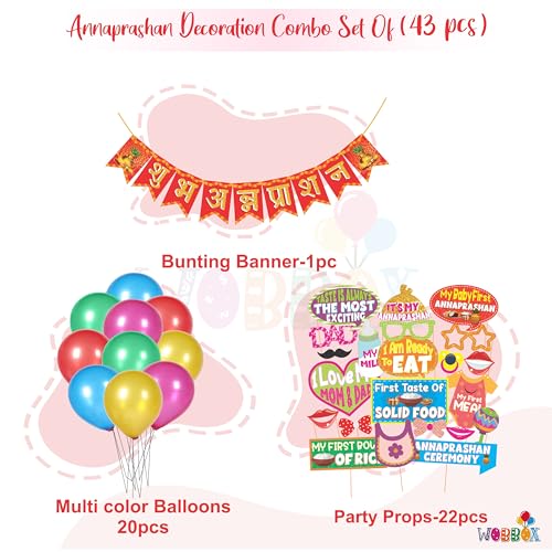 WOBBOX Annaprashan Party Props with Hindi Font Red & Golden Color Bunting Banner & Balloon, Annaprashan Decoration Item (43 Pcs Combo) - Image 2
