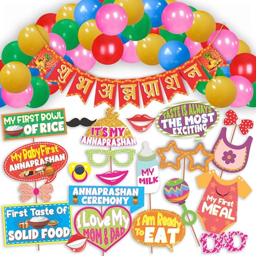 WOBBOX Annaprashan Party Props with Hindi Font Red & Golden Color Bunting Banner & Balloon, Annaprashan Decoration Item (43 Pcs Combo) - Image 1