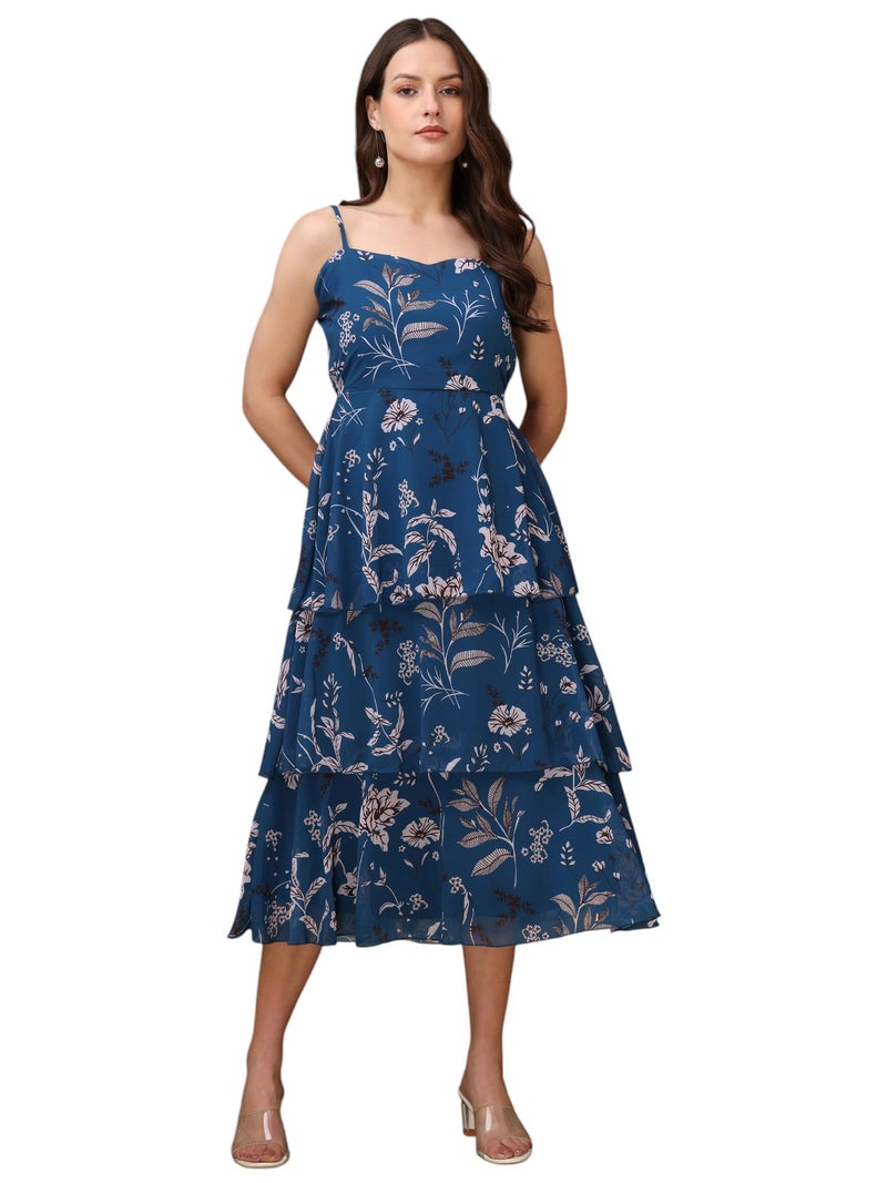 PURVAJA Women’s Layered Below Knee Length Dress (Floe-022_Teal_Large) - Image 1