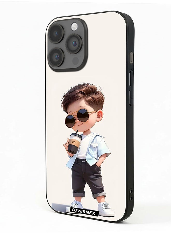 Covernex Apple iPhone 14 Pro Max Protective Case Cover Printed Featuring Cool Kid with Sunglasses and Coffee - Image 1