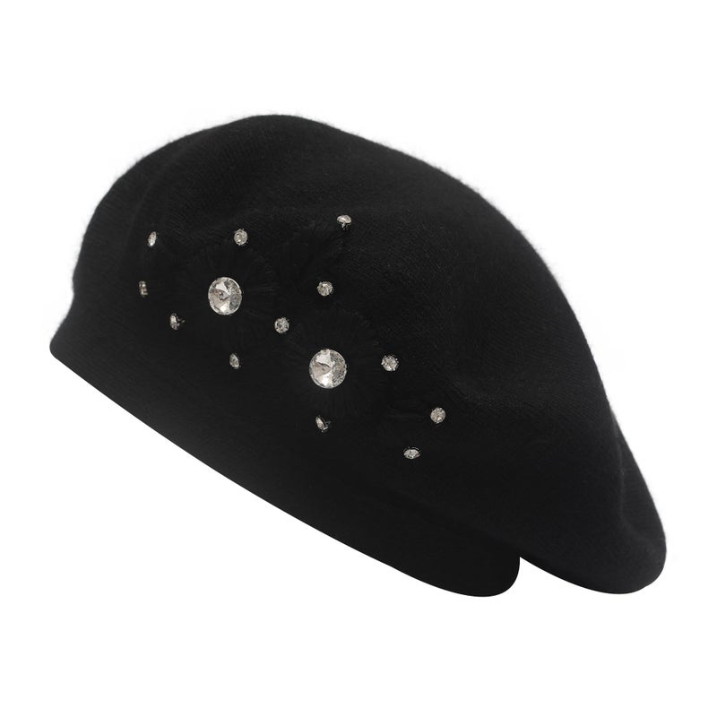 ZLYC Womens French Beret hat, Reversible Solid Color Knit Warm Beret Cap for Girls (Embroidered Flowers Black) - Image 1