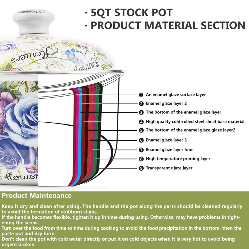 OLYTARU Retro Flower Enamel Stockpot with Lid,Stockpots for Cooking,Retro Classic Design(5L-Blue Rose) - Image 3