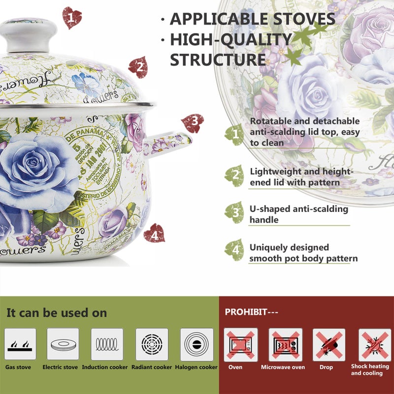 OLYTARU Retro Flower Enamel Stockpot with Lid,Stockpots for Cooking,Retro Classic Design(5L-Blue Rose) - Image 2