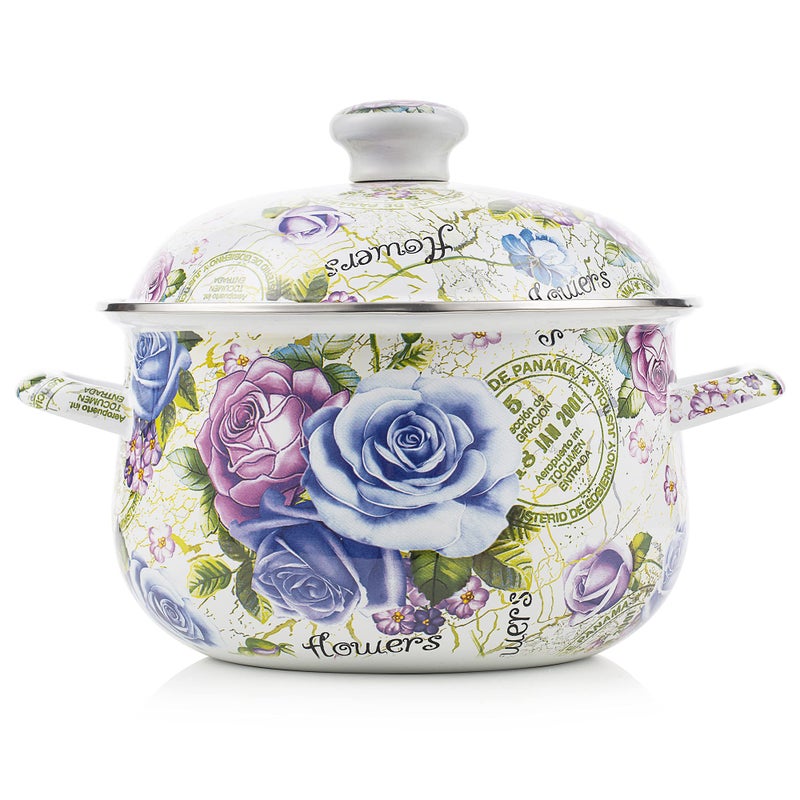 OLYTARU Retro Flower Enamel Stockpot with Lid,Stockpots for Cooking,Retro Classic Design(5L-Blue Rose) - Image 1