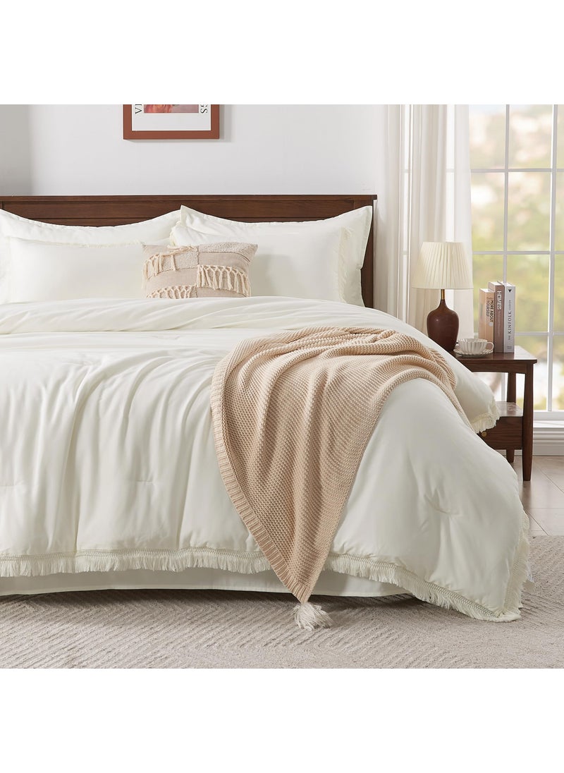 Andency Andency California King Size Comforter Set with Sheets Ivory - 7 Pieces Cal King Bed in a Bag Boho Bedding Sets  Ivory Bed Set with Comforter  Sheets  Pillowcases & Shams  - Image 2