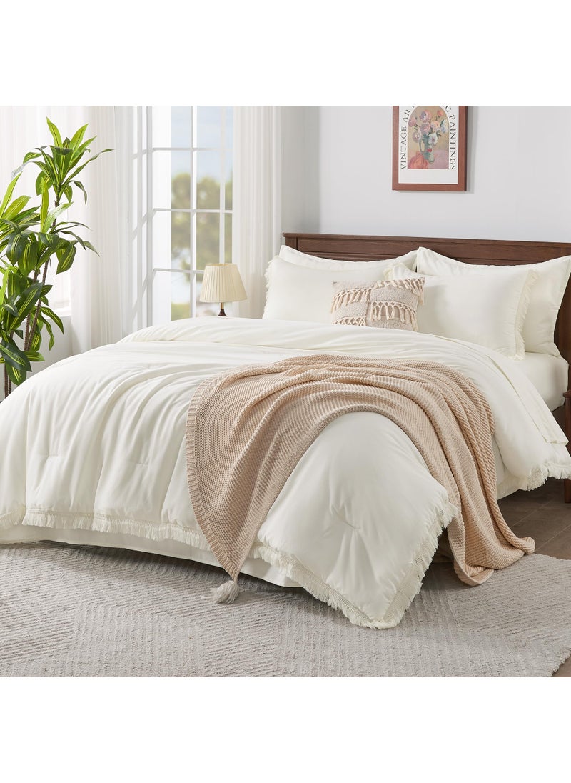Andency Andency California King Size Comforter Set with Sheets Ivory - 7 Pieces Cal King Bed in a Bag Boho Bedding Sets  Ivory Bed Set with Comforter  Sheets  Pillowcases & Shams  - Image 1
