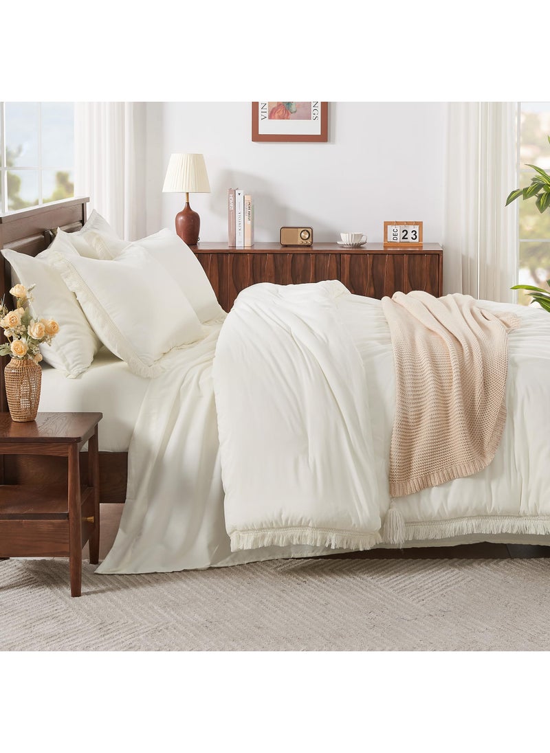 Andency Andency California King Size Comforter Set with Sheets Ivory - 7 Pieces Cal King Bed in a Bag Boho Bedding Sets  Ivory Bed Set with Comforter  Sheets  Pillowcases & Shams  - Image 3