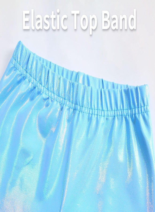 Gnainach Girls Athletic Leggings Size 8-9 Years Old Holographic Blue Stretch Soft Metallic Pants for Kids Dance Yoga - Image 3