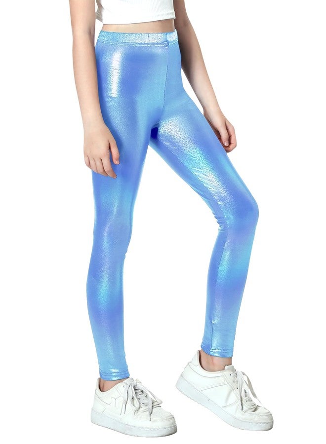 Gnainach Girls Athletic Leggings Size 8-9 Years Old Holographic Blue Stretch Soft Metallic Pants for Kids Dance Yoga - Image 2