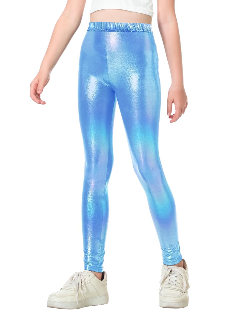 Gnainach Girls Athletic Leggings Size 8-9 Years Old Holographic Blue Stretch Soft Metallic Pants for Kids Dance Yoga - Image 1