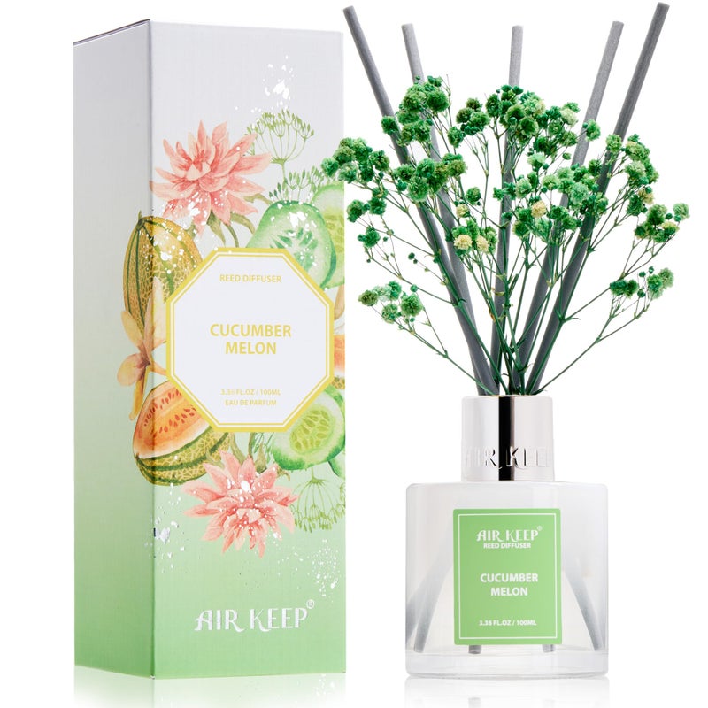 Airkeep Reed Diffuser Set,3.38 fl oz (100 ml) - Cucumber Melon Oil Diffusers with 8 Reed Sticks, Home Fragrance Reed Diffuser for Bathroom Shelf Decor - Image 1