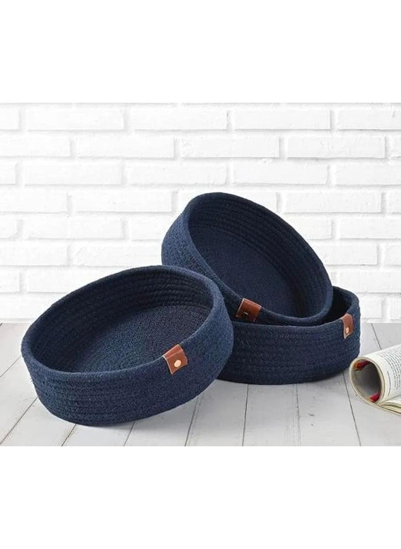 ALSTONIA ALSTONIA Pure Natural Cotton Rope Round Storage Handwoven Shelf Basket For Home And Kitchen Office Bedroom Multipurpose Use Storage BasketSmall Medium Large Pack Of 3 Blue  - Image 4