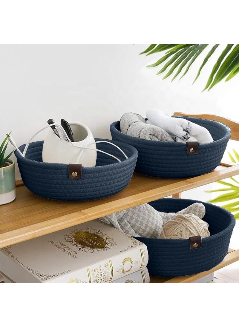 ALSTONIA ALSTONIA Pure Natural Cotton Rope Round Storage Handwoven Shelf Basket For Home And Kitchen Office Bedroom Multipurpose Use Storage BasketSmall Medium Large Pack Of 3 Blue  - Image 1