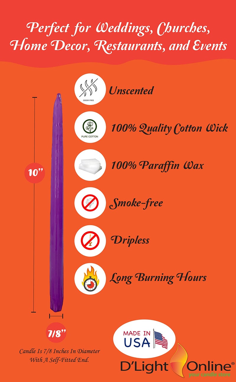 D'light Online Elegant 10" Unscented Purple Taper Candles, Premium Quality Hand-Dipped Tapered Candles, Dripless Tapers and Smokeless - Individually Wrapped (10 Inch, Purple) - Image 2
