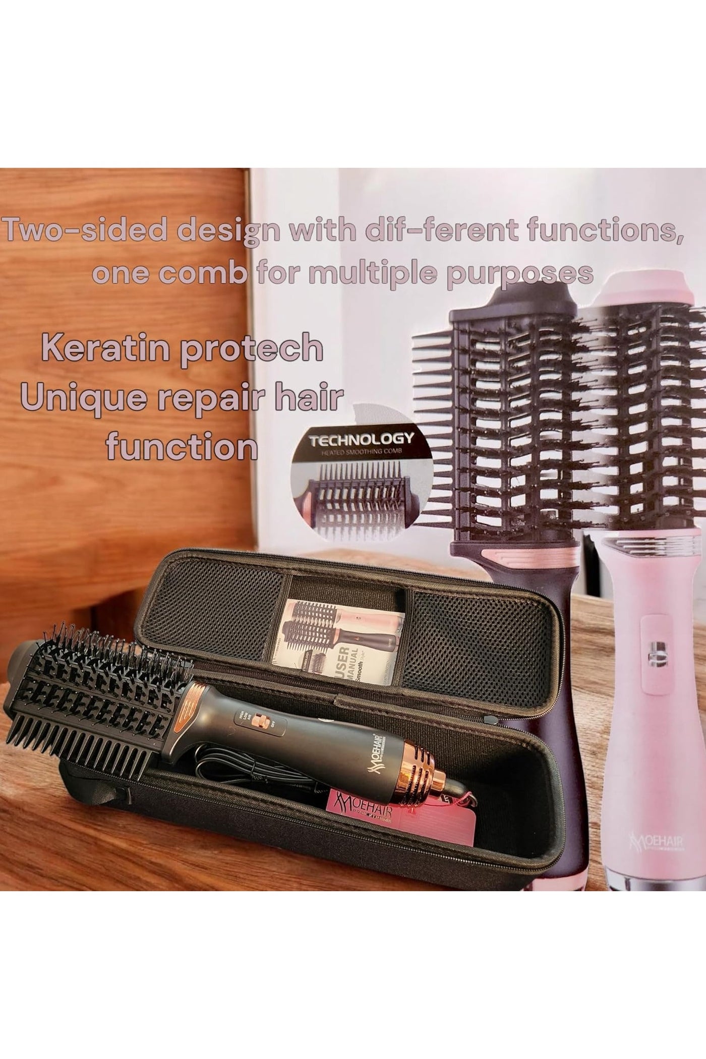 Professional Hair Straightener Brush, 2400W Hot Air Brush with Keratin Protection, Wet & Dry Hair Modes, Travel Bag Included, Model MO-7175