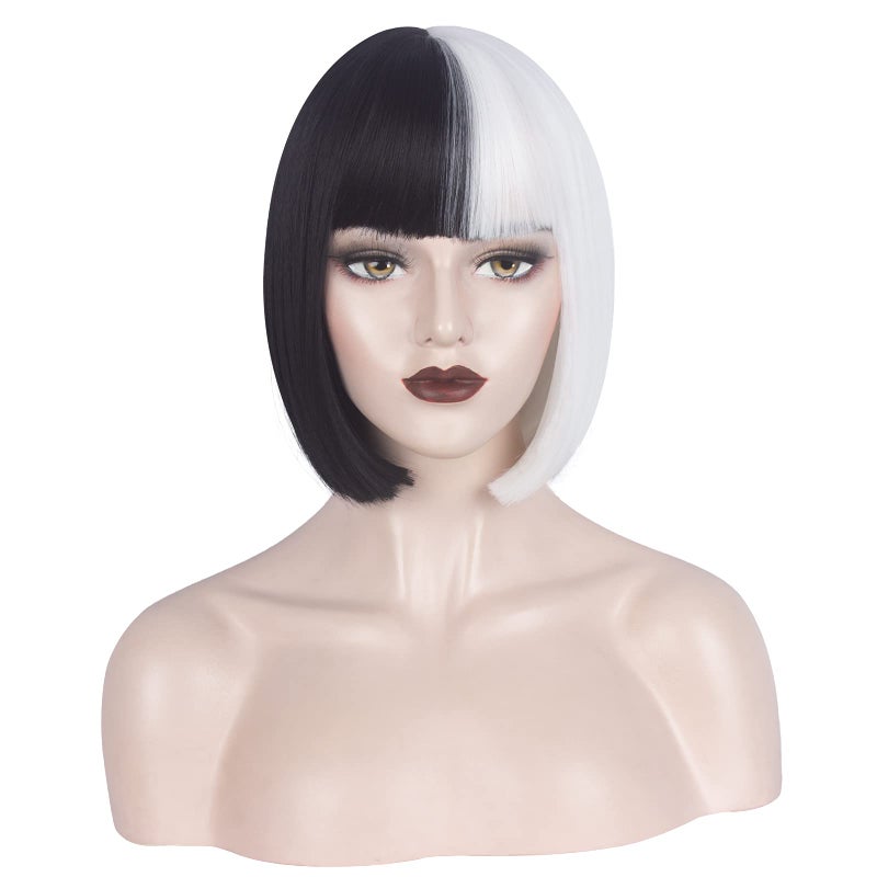 WeKen Black and White Wig for Girls Short Bob Half Black Half White Wig with Bangs for Women Cosplay Daily Party A Black White