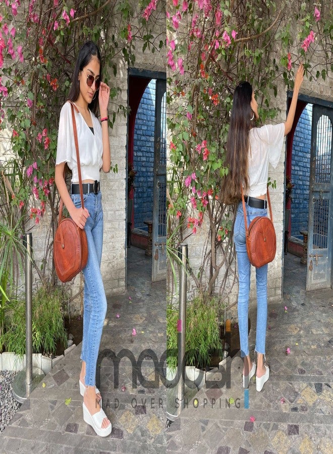 Madosh, Women’s Crossbody Bag Round Shoulder Bag Genuine Leather Crossover Purse 10" (Brown) - Image 2