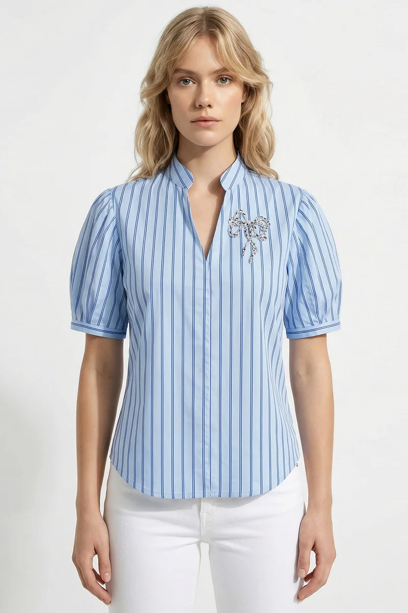 Exquise V-Neck Short-Sleeved Regular Embroidered Multicolored Blouse
