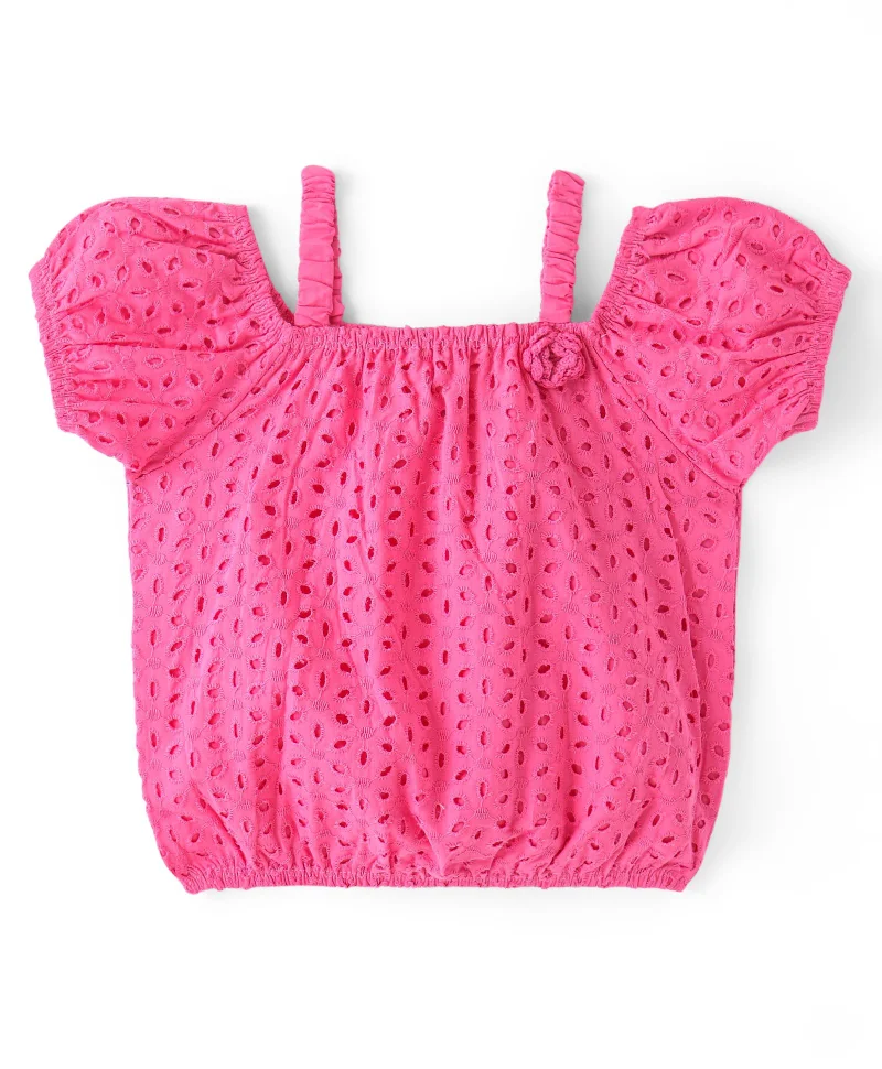 babyhug Babyhug Cotton Woven Half Sleeves Schifli Top with Floral Applique - Pink