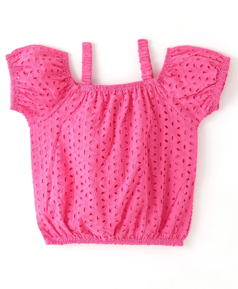 babyhug Babyhug Cotton Woven Half Sleeves Schifli Top with Floral Applique - Pink