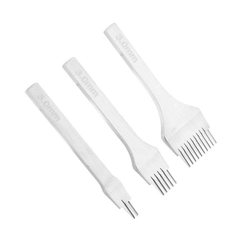 Leather Craft Tool Hole Puncher 2/5/10 Punch Prong Tool Set, 3Pcs Lace Stitching Punch Chisel Set for Leather Crafts, DIY Hole Pricking Iron Kit White Steel Lacing Stitching Chisel (paso 3,0 mm) - Image 2