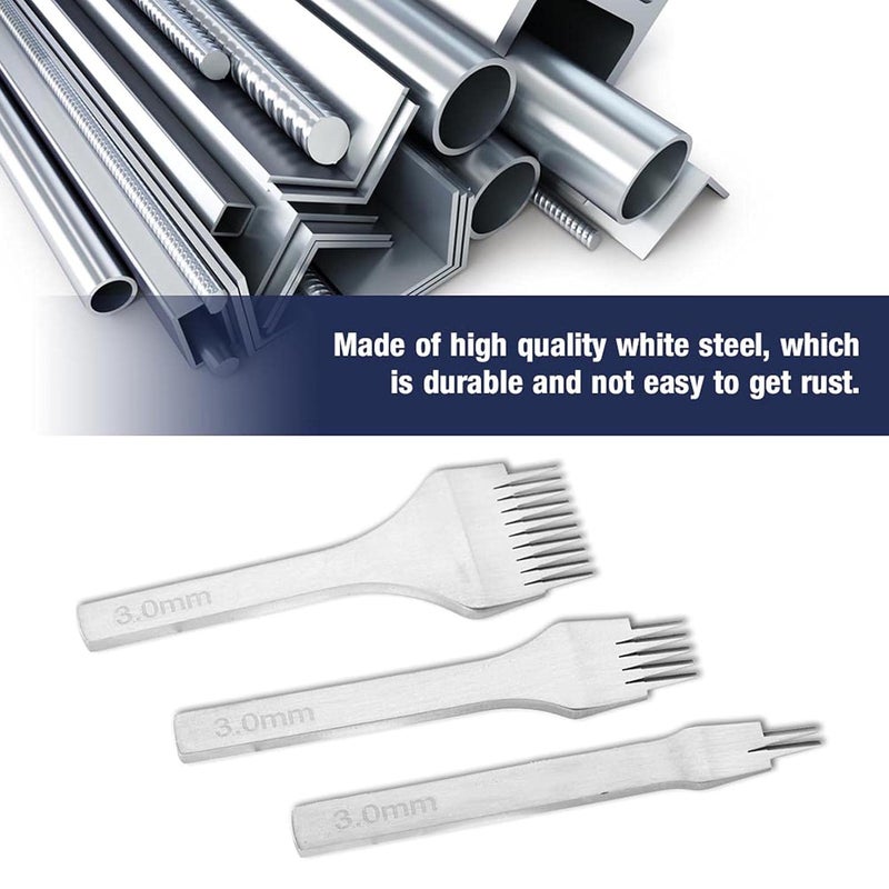 Leather Craft Tool Hole Puncher 2/5/10 Punch Prong Tool Set, 3Pcs Lace Stitching Punch Chisel Set for Leather Crafts, DIY Hole Pricking Iron Kit White Steel Lacing Stitching Chisel (paso 3,0 mm) - Image 4