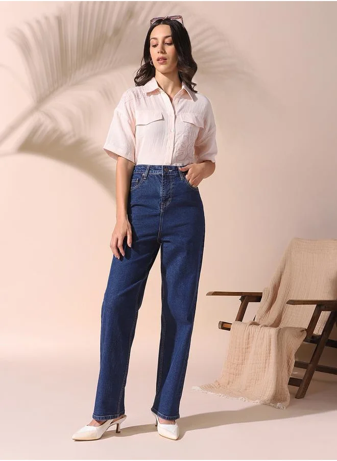 Dennis Lingo Women indigo straight fit solid 98% cotton 2% spandex jeans with button & zip closure- perfect for making bold moves.