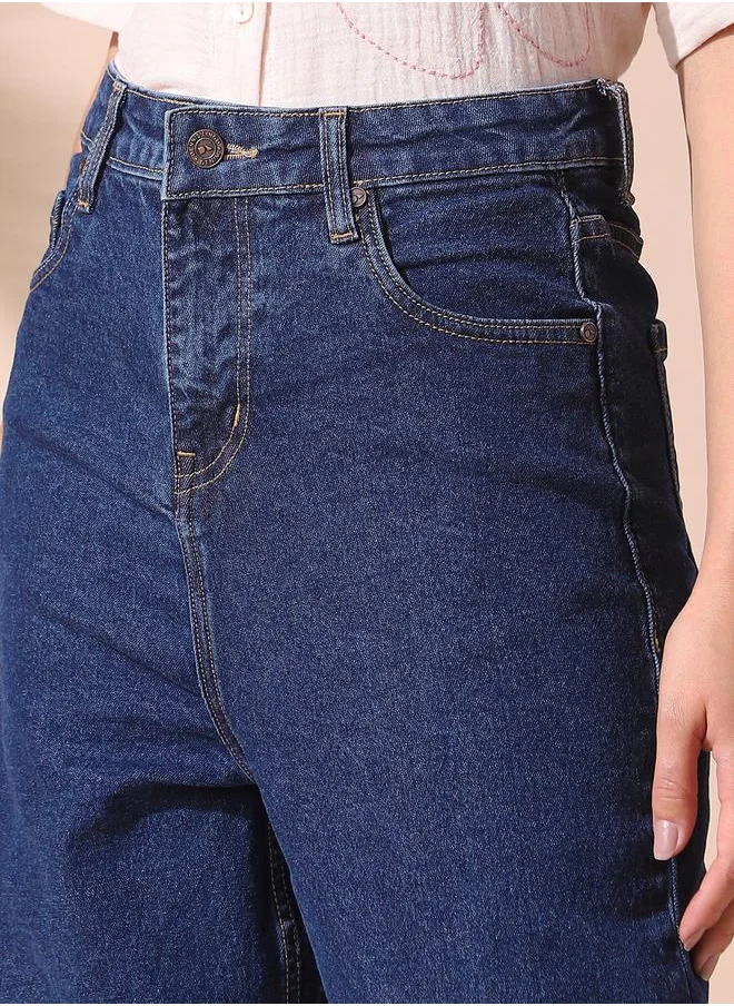 Dennis Lingo Women indigo straight fit solid 98% cotton 2% spandex jeans with button & zip closure- perfect for making bold moves.