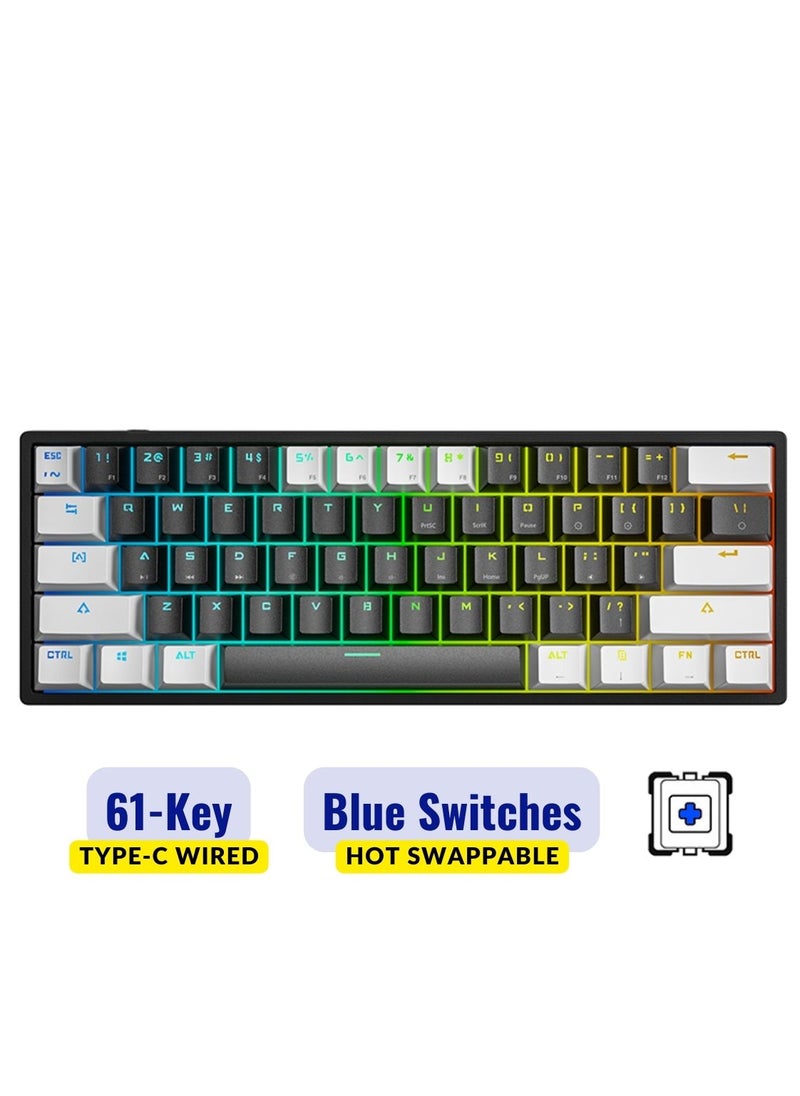 LEAVEN - Mechanical Keyboard 61 Keys PBT Translucent Dual-Color Injection Keycaps RGB Backlight Detachable Type-C 60% Wired Gaming Keyboard White/Black - Blue Switch - Image 1