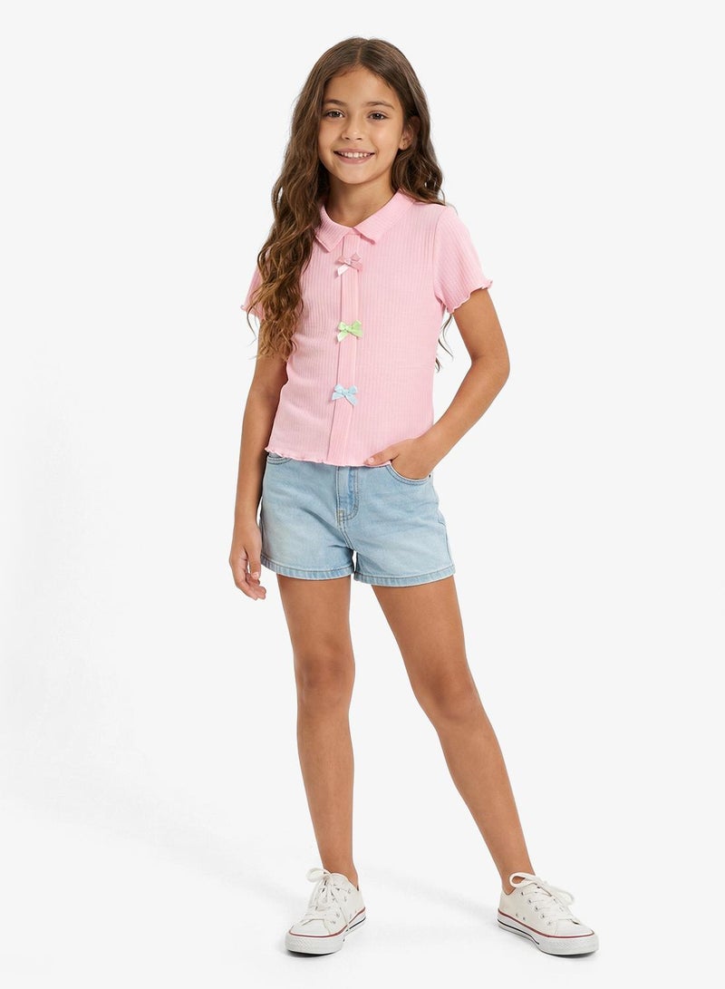 Pinata Pink Polo Ribbed Bow Detail Tshirt - Image 1