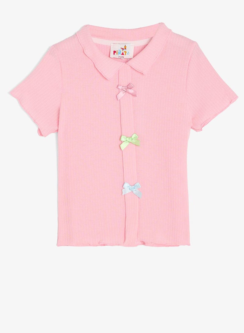 Pinata Pink Polo Ribbed Bow Detail Tshirt - Image 2