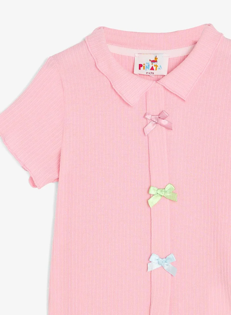 Pinata  Pink Polo Ribbed Bow Detail Tshirt for Women | Best Price UAE