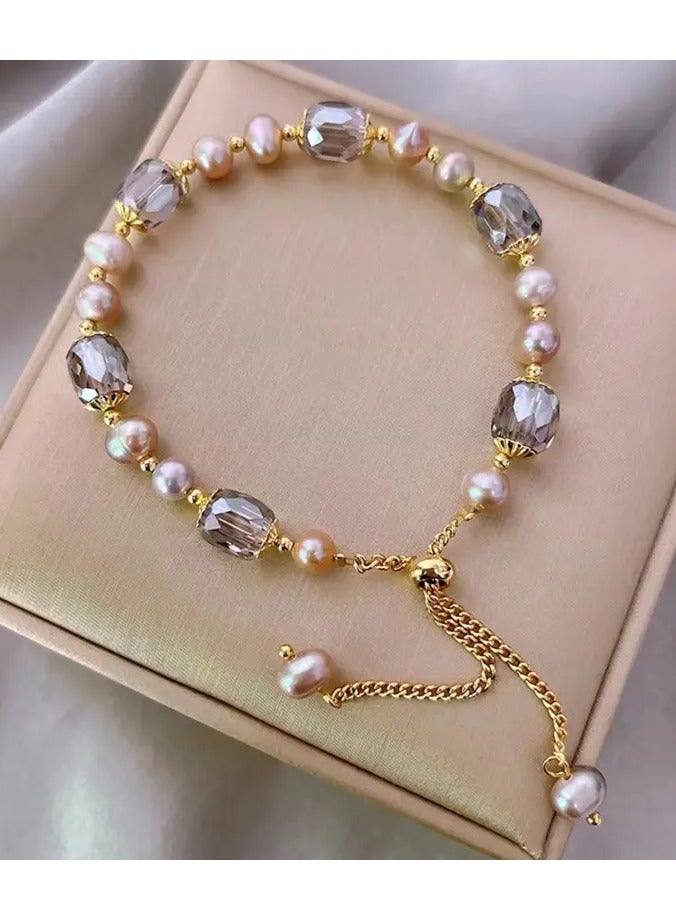 Goolsky Elegant Vintage-Style Faux Pearl Bracelet with Golden-Tone Chain & Clear Crystal Beads – Delicate Hand Jewelry for Women, Perfect Gift for Casual Attire or Special Occasions, Versatile Bracelet | Japanese Style Jewelry | Mixed Bead Design - Image 1
