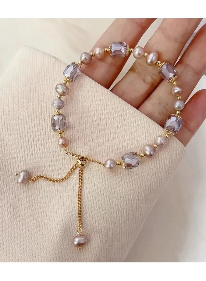 Goolsky Elegant Vintage-Style Faux Pearl Bracelet with Golden-Tone Chain & Clear Crystal Beads – Delicate Hand Jewelry for Women, Perfect Gift for Casual Attire or Special Occasions, Versatile Bracelet | Japanese Style Jewelry | Mixed Bead Design - Image 2