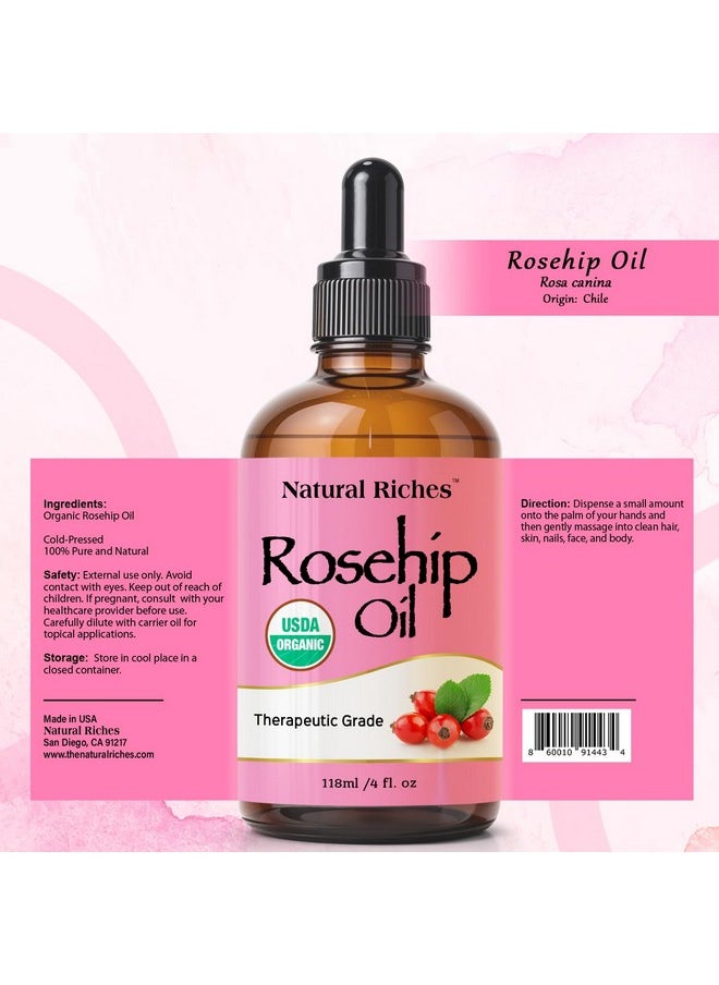 Natural Riches - Natural Riches Organic Rosehip Seed Oil for Face 100% Pure Natural Cold Pressed Unrefined Non-GMO Carrier Oil for Skin Hair & Nails. 4 fl oz. - Image 1