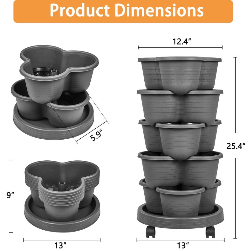 VECELO 5 Tier Vertical Garden Planter, Self Watering Stackable Planters with Wheels for Strawberries, Herbs, Flowers, Vegetables, Dark Gray - Image 2