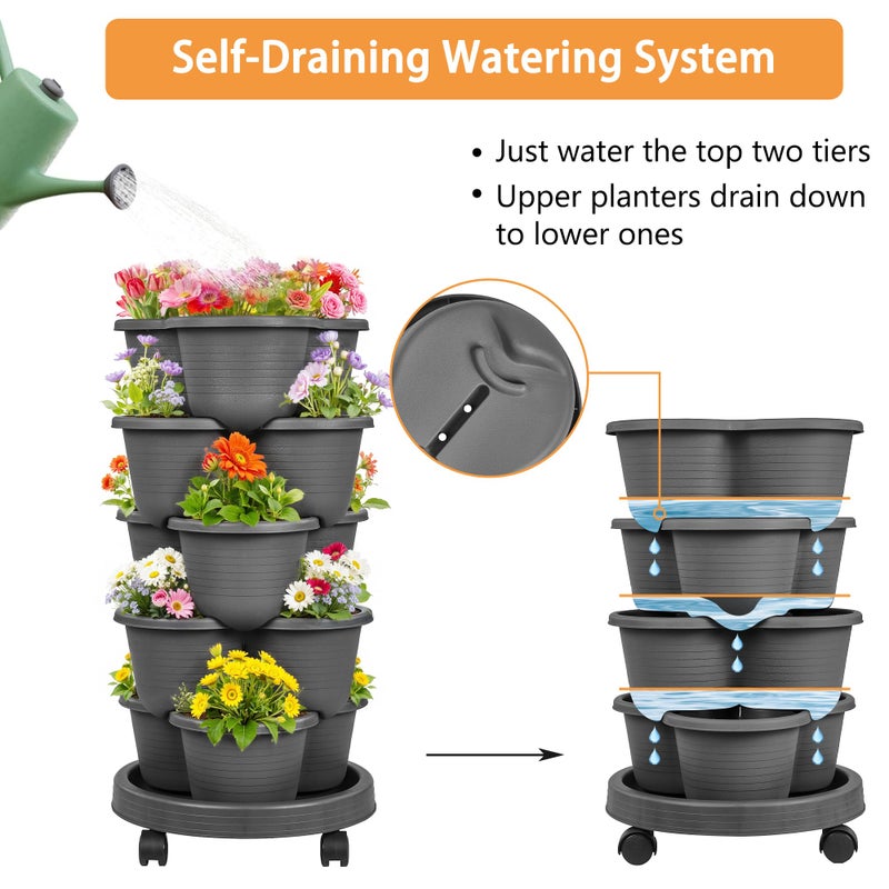VECELO 5 Tier Vertical Garden Planter, Self Watering Stackable Planters with Wheels for Strawberries, Herbs, Flowers, Vegetables, Dark Gray - Image 3
