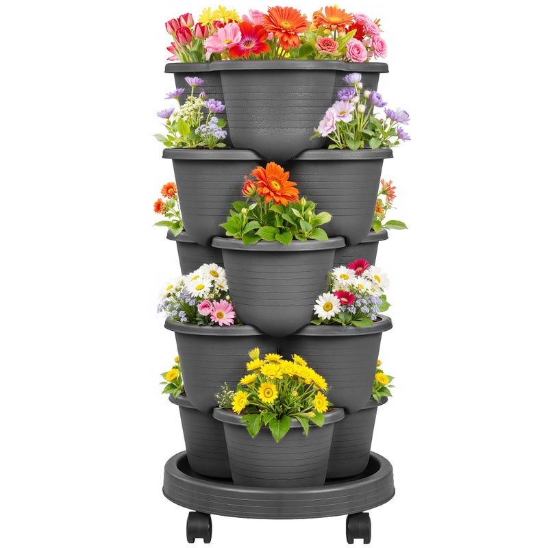 VECELO 5 Tier Vertical Garden Planter, Self Watering Stackable Planters with Wheels for Strawberries, Herbs, Flowers, Vegetables, Dark Gray - Image 1