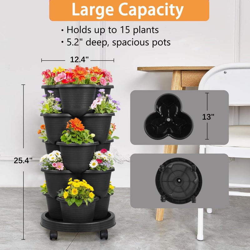 VECELO 5 Tier Vertical Garden Planter, Self Watering Stackable Planters with Wheels for Strawberries, Herbs, Flowers, Vegetables, Dark Gray - Image 5